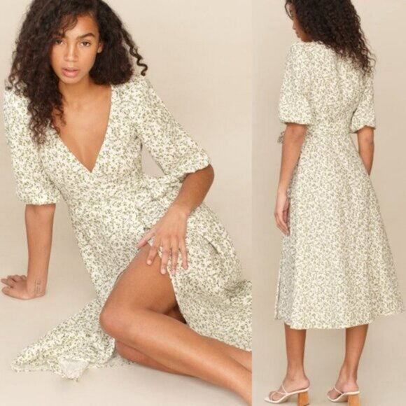 NWT Reformation Mint Floral Print Linen Wrap Midi Dress White Green - Picture 7 of 7